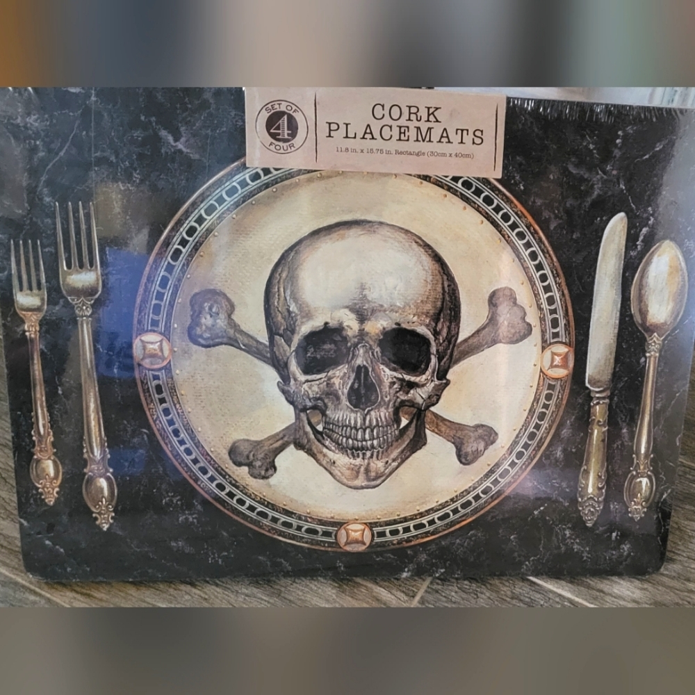 Benson Mills SKULL CROSS BONES Cork Placemats Gothcore Halloween Pirate Set of 4